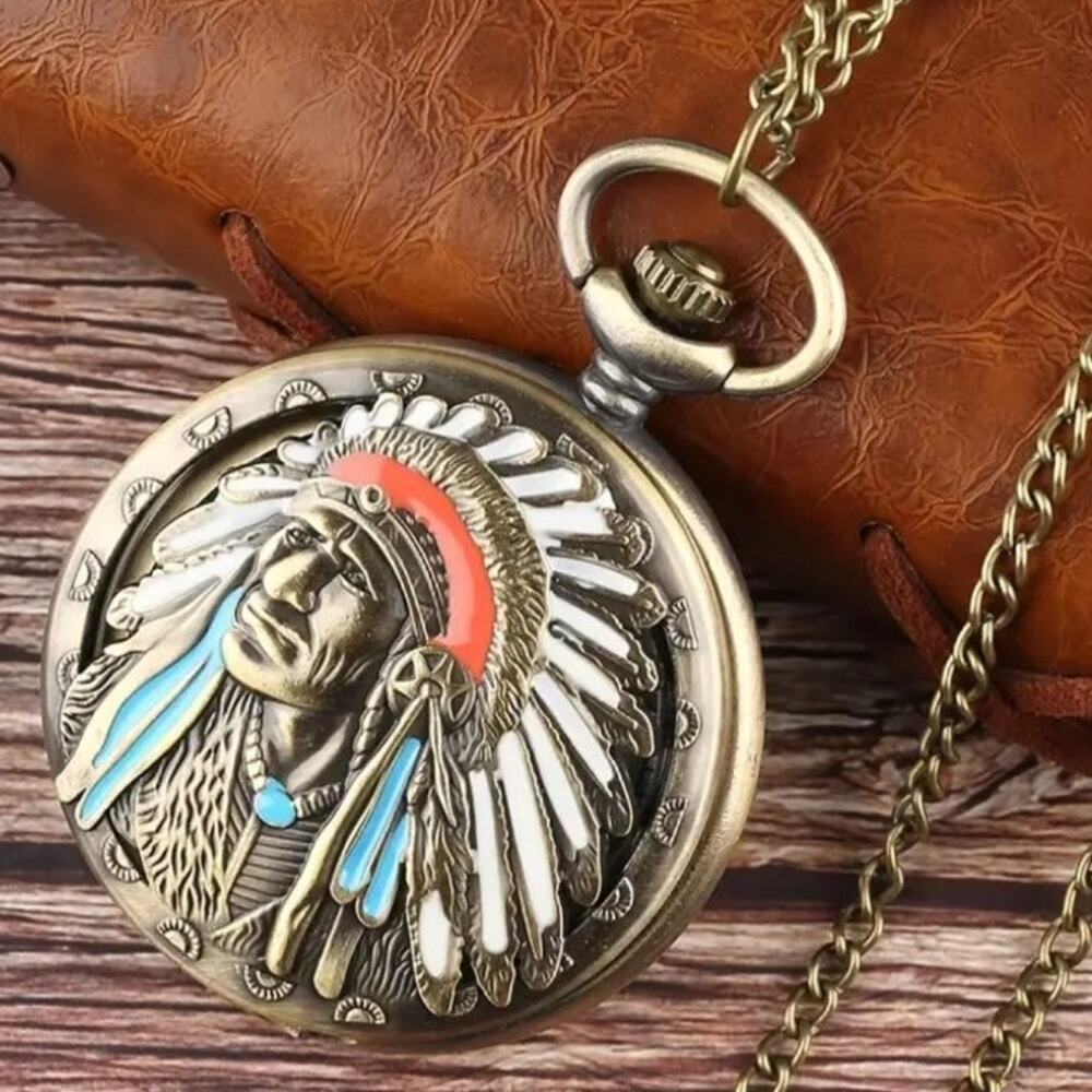 Native American Indian Pocket Watch Chief Headdress Turquoise Valentine's Gift